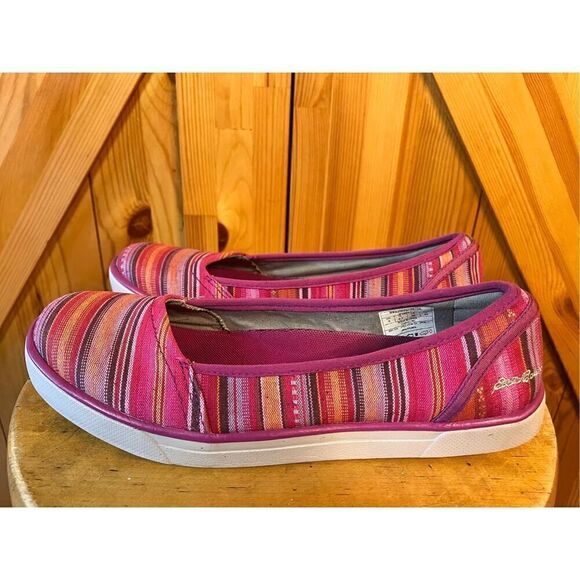 Eddie Bauer Womens 9 CAST Canvas Pink Stripe Slip On Flat Loafer Shoe - Picture 1 of 9